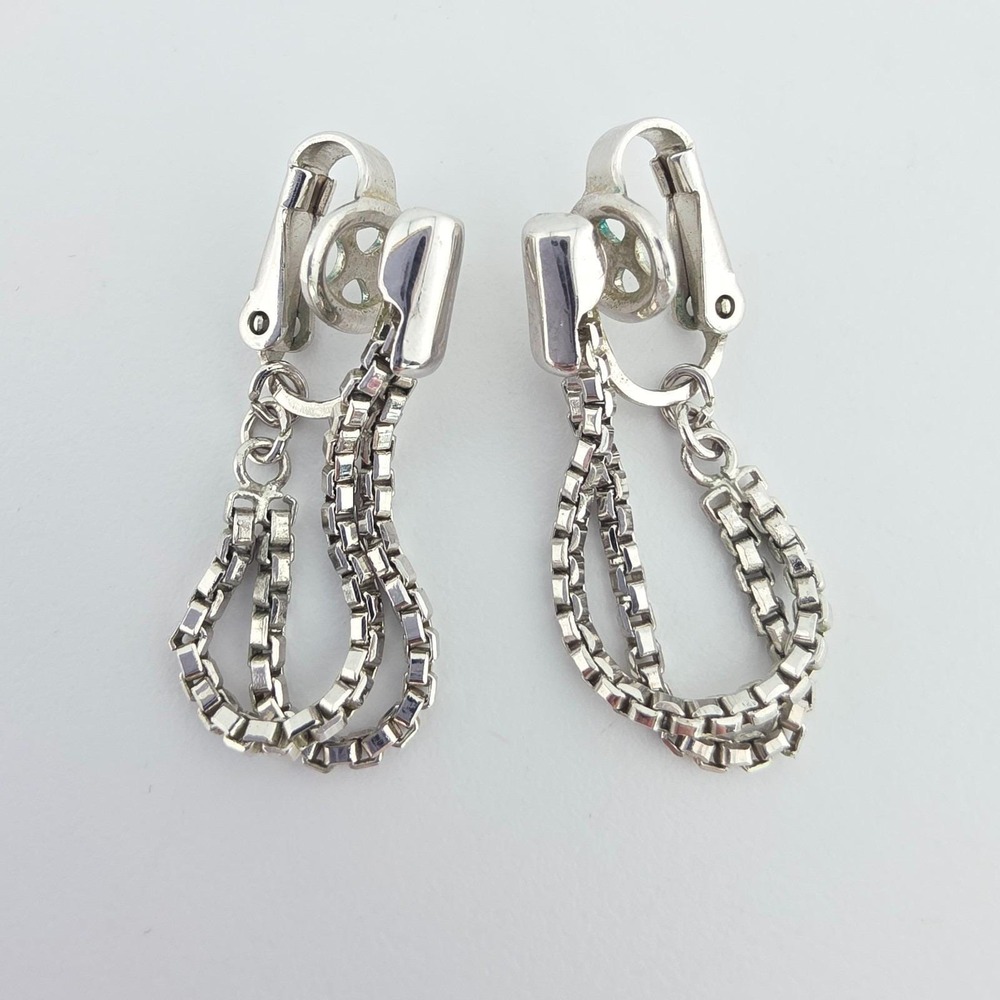 Vintage CROWN TRIFARI Clip-On Earrings Box Chain Dangle Waterfall Silver Plate